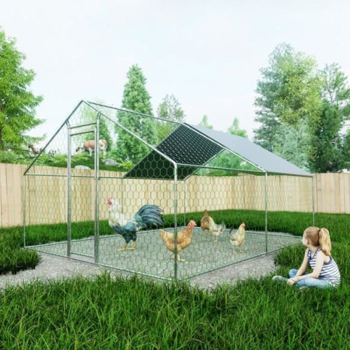 Poulailler 3.03x4x2m Serrure Sécurité + Toile PE Imperméable - Enclos Métallique Extérieur Poules Lapins POULAILLER