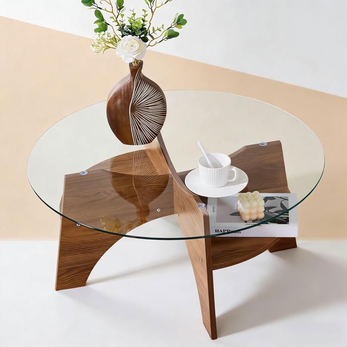 Table basse ronde BELLEMAVE en verre – Ø 80 cm avec plateau transparent étagère intégrée Pieds en MDF aspect noyer