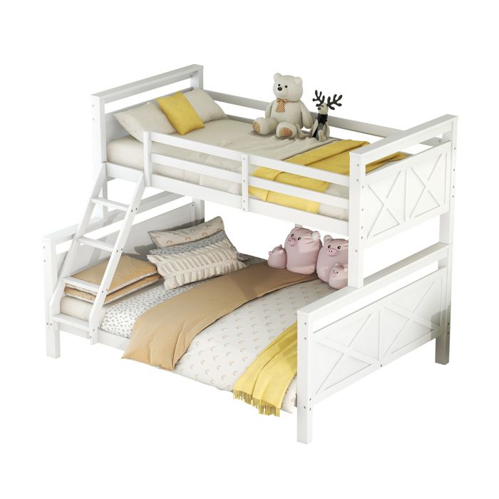 Lit superposé 90x200/140x200 avec échelle inclinée et barrière séparable en 2 lits pin blanc