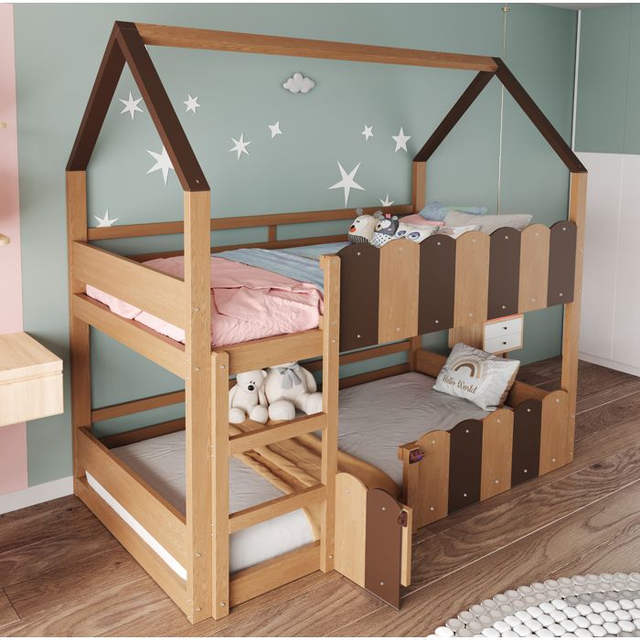 Lit Superposé Enfant avec Design Cabane et Barrières de Sécurité - ELVMI - en Bois Couleur Bois Naturel 90 × 200 cm