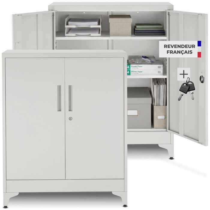 Armoire à dossiers - TECTAKE - Lot de 2 armoires BLAKE avec fermeture magnétique 2 tablettes réglables 80x40x100 cm - Gris