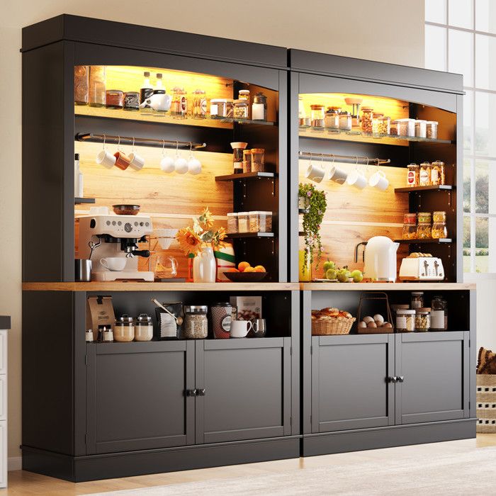 Buffet de Cuisine Noir Lot de 2 - Haut 184cm 2 Portes 3 Étagères Latérales Suspension et 6 Crochets LED Anti-Basculement