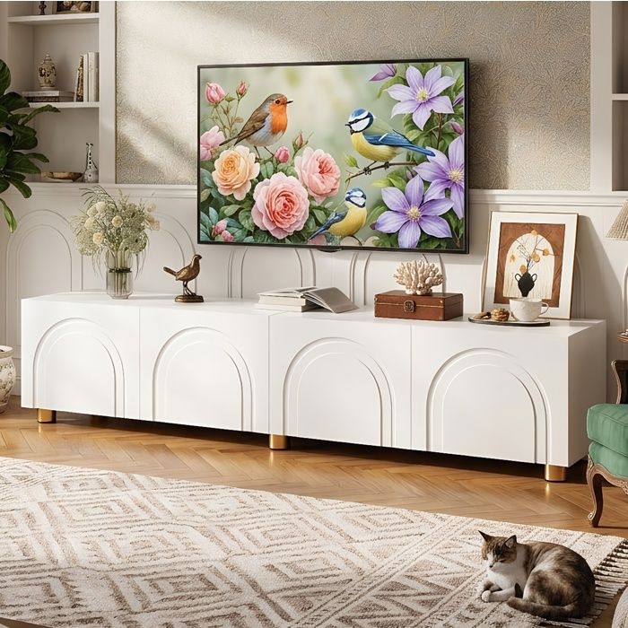 Meuble TV 180cm - 4 Portes Relief 3D Arc - Grand Rangement Interieur - Style Minimaliste Moderne - MDF et PB Blanc