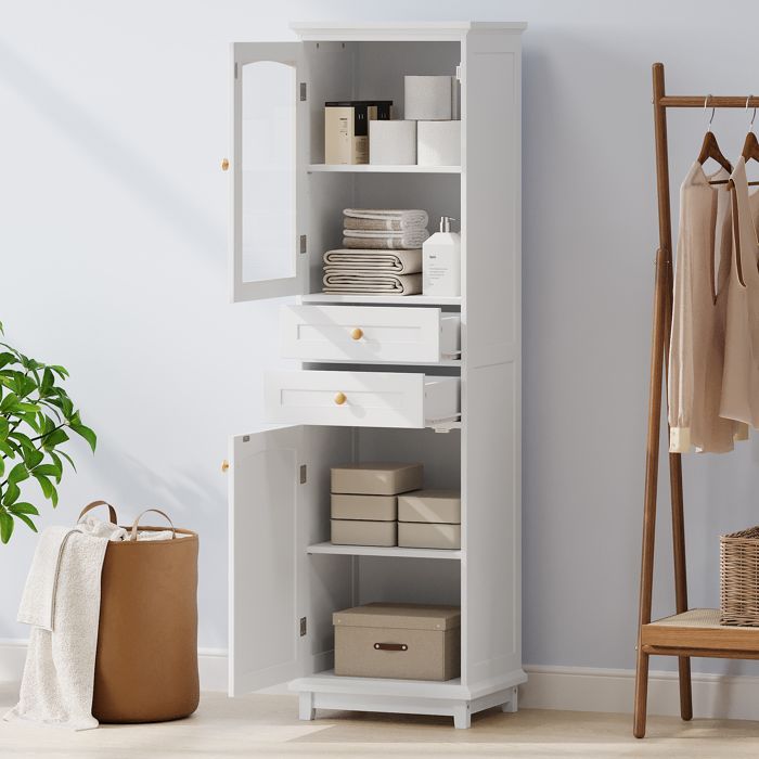 Armoire de salle de bain 2 portes 2 tiroirs et étagère réglable - MEUNIQ - MDF et verre 45×36×160 cm Blanc