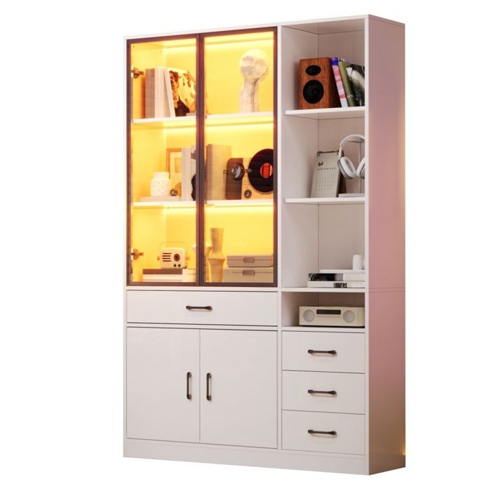 Vitrine-Argentier Blanc 120x35x200cm LED Armoire Haute 13 Espaces 4 Tiroirs Portes Meuble Rangement Salon Salle À Manger Vitrine-Argentier Blanc 120x35x200cm LED Armoire Haute 13 Espaces 4 Tiroirs Portes Meuble Rangement Salon Salle À Manger