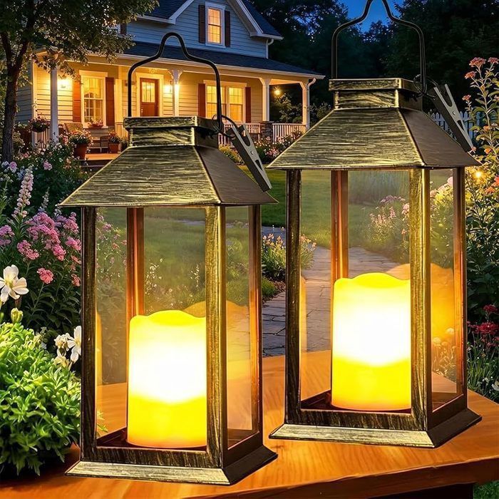 Lanterne Solaire Exterieur 2 Pièces avec Bougie Vacillante Lampe de Table Étanche Suspension pour Balcon Jardin Terrasse Bronze