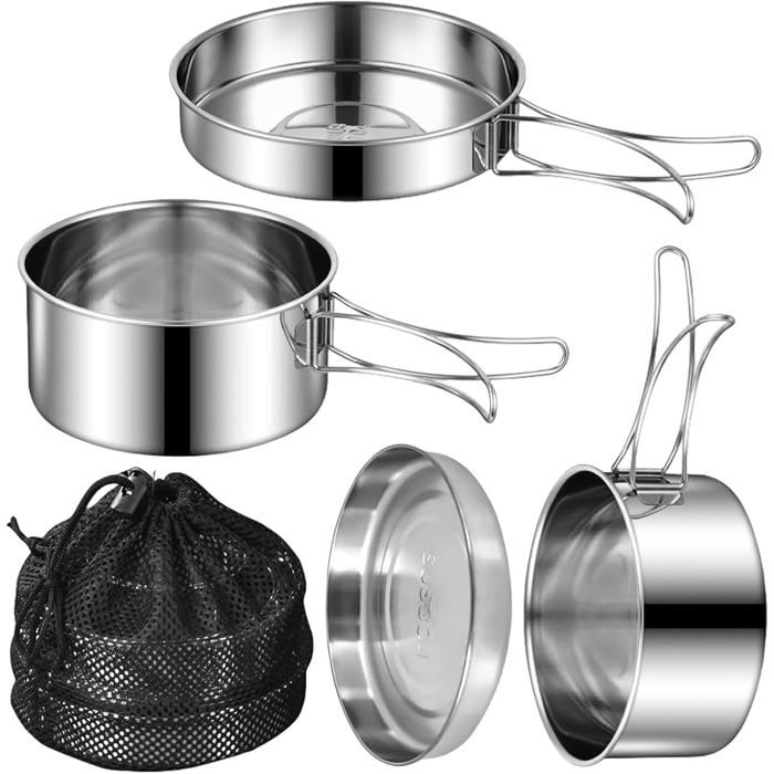 Lot de 4 ustensiles de cuisine de camping avec casserole de camping en acier inoxydable 304 portable empilable pour le camping