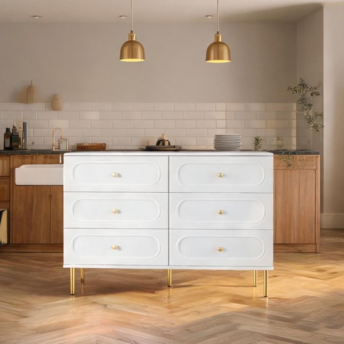 Buffet blanc 6 tiroirs 120 cm MDF et panneau de particules style moderne