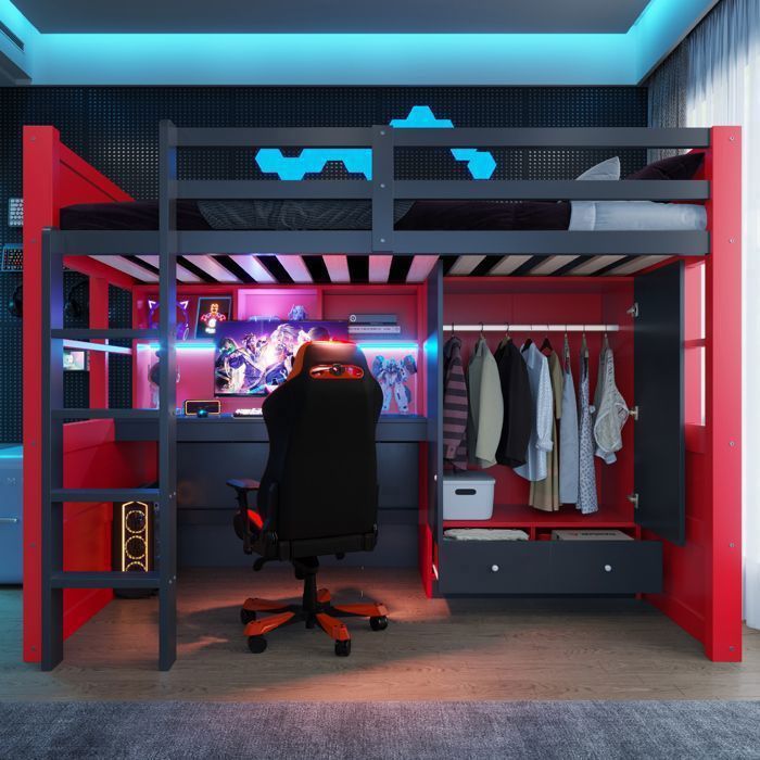 Lit Mezzanine 90x200 cm avec Bureau Armoire Échelle et Tiroirs - Lit simple - Style Gaming Noir et Rouge Éclairage LED Prises Bois