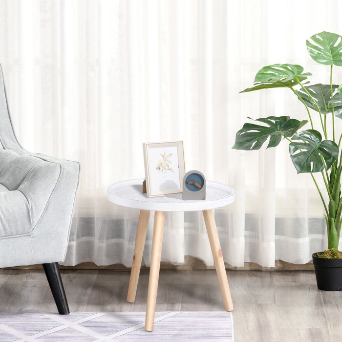 Table basse ronde en bois avec bord surélevé Φ40 x 405 cm blanc et or