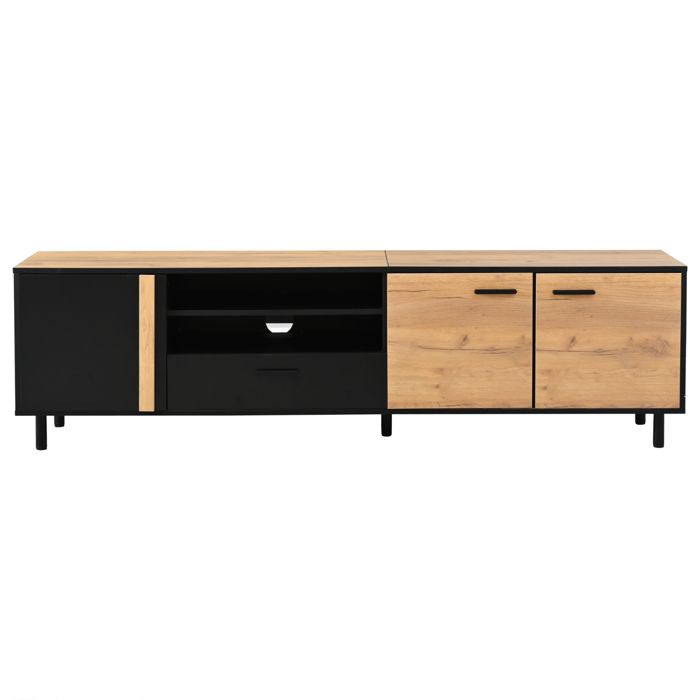 Un meuble TV mesurant 180*32 5*50 cm comportant 3 placards 1 tiroir et 5 pieds de support Un meuble TV mesurant 180*32 5*50 cm comportant 3 placards 1 tiroir et 5 pieds de support