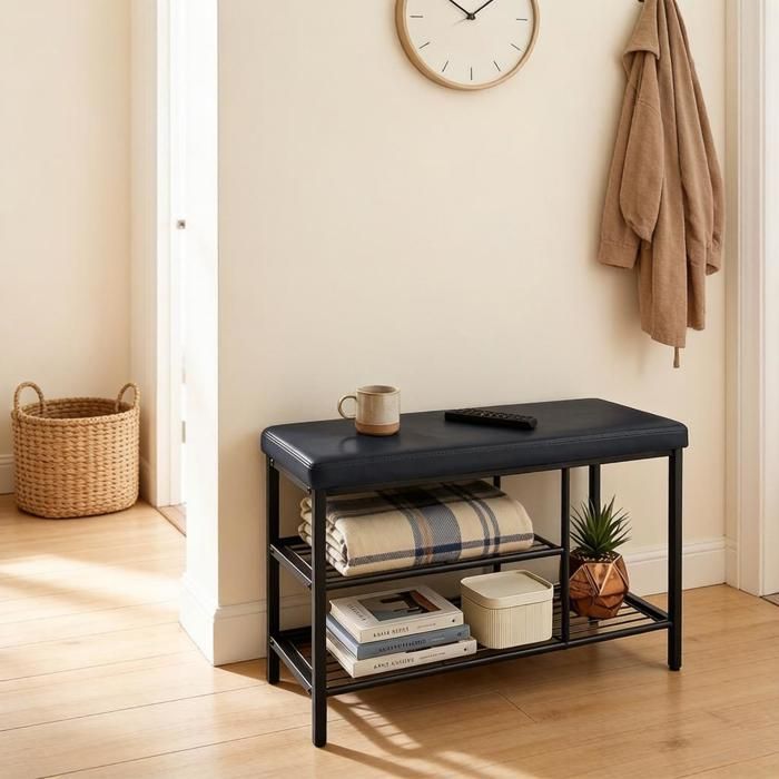 Banc à chaussures - Compact - Simili cuir & métal - 3 compartiments (dont pour bottes) - Siège support 165 kg