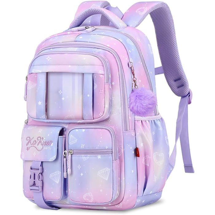 XJYDNCG Cartable Fille Primaire Sac À Dos Scolaire - Grand Volume - Design Étoilé Dégradé - 47x33x17cm - Violet