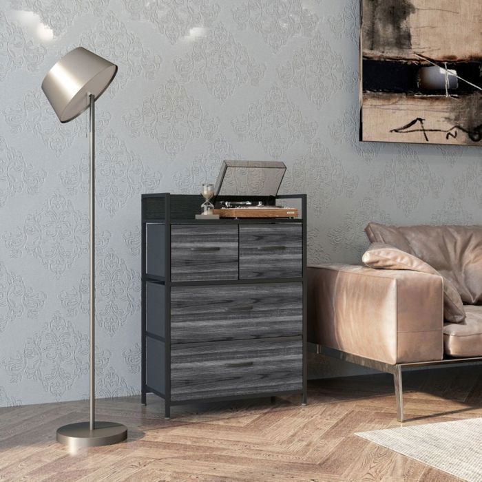 Commode - WESTYLE - Design industriel noir - 4 tiroirs tissu pliables - Cadre acier - Pieds ajustables