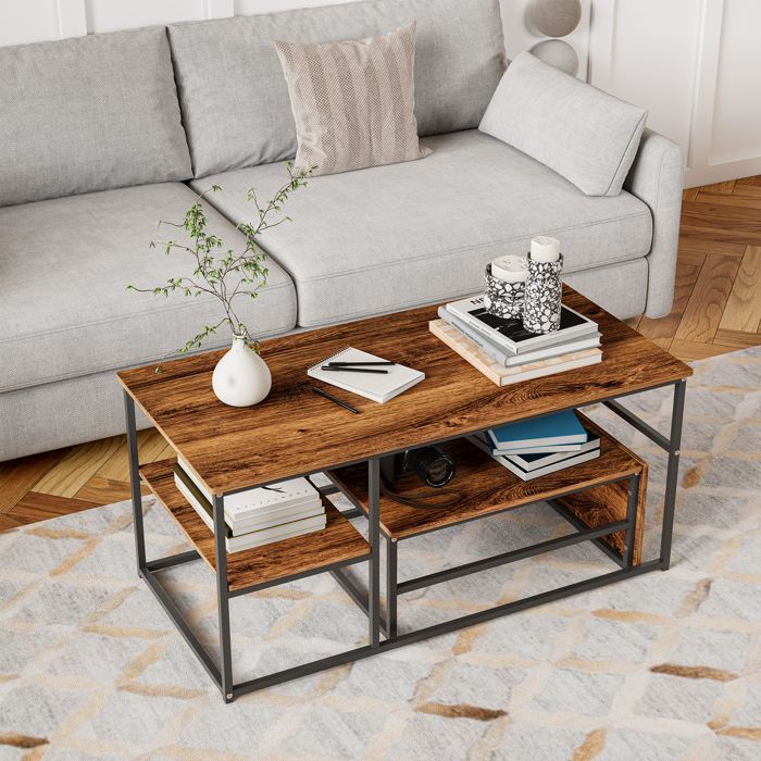 Table basse rectangulaire 105cm bois foncé métal noir 2 niveaux combinable pieds réglables salon moderne