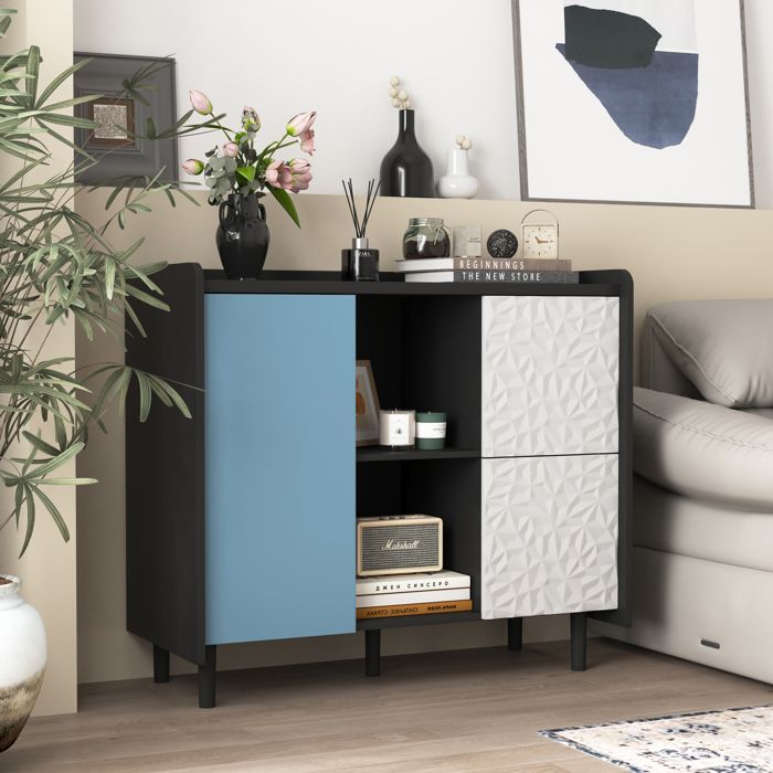 Buffet bas - ZEVKOR - 90×40×80 cm - 2 tiroirs - 2 niches ouvertes - placard fermé - noir/bleu