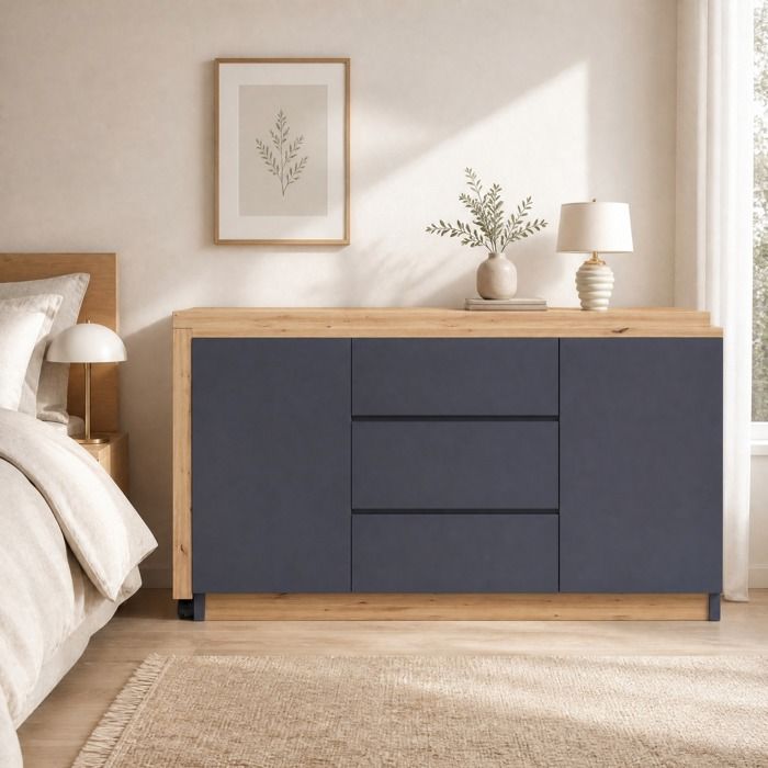 Secrétaire - ZEVKOR - Pivotant 360° pliable - 2 portes - 3 tiroirs - Gris/chêne 120×50×76 5 cm