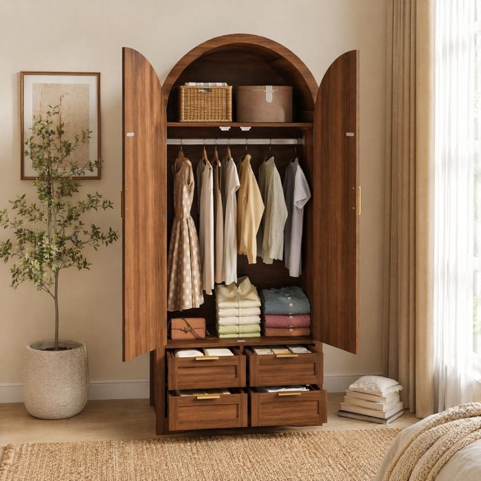 Armoire de chambre - ZEVKOR - 80×50×179 cm - Portes cannage 2 battantes - 4 tiroirs & penderie - MDF aspect noyer