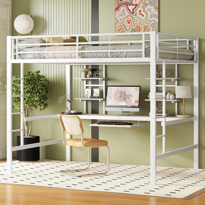 Lit superposé- Xylo- en métal avec bureau avec deux bibliothèques pour enfants adolescents et adultes Blanc- 140x200cm