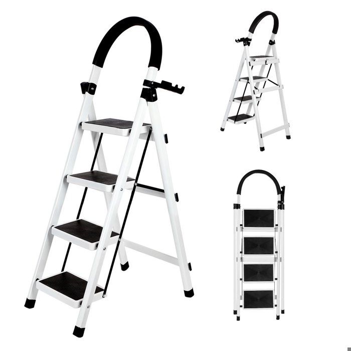 Escabeau à 4 marches Pliant avec marchepied antidérapant - Echelle en acier avec Mains Courant - Charge 100KG - Escabot Blanc 120cm