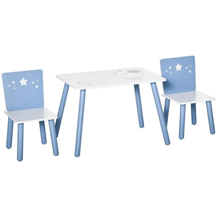 Table et chaises enfant - Ensemble de mobilier en bois - Table 60 x 40 x 43 cm - Chaises 28 x 26 x 48 cm - Blanc et bleu - ZENLINKJH