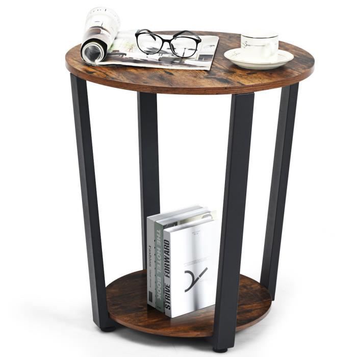 Table dAppoint - COSTWAY - Style Industriel - 2 Niveaux en Bois - Pieds Ajustables