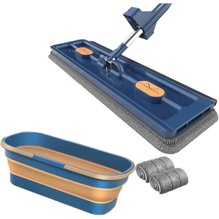 Balai Plat Serpillère Microfibre – Grand Format, Essorage Intégré, Rotation 360°, 2 Tampons Inclus (Bleu)