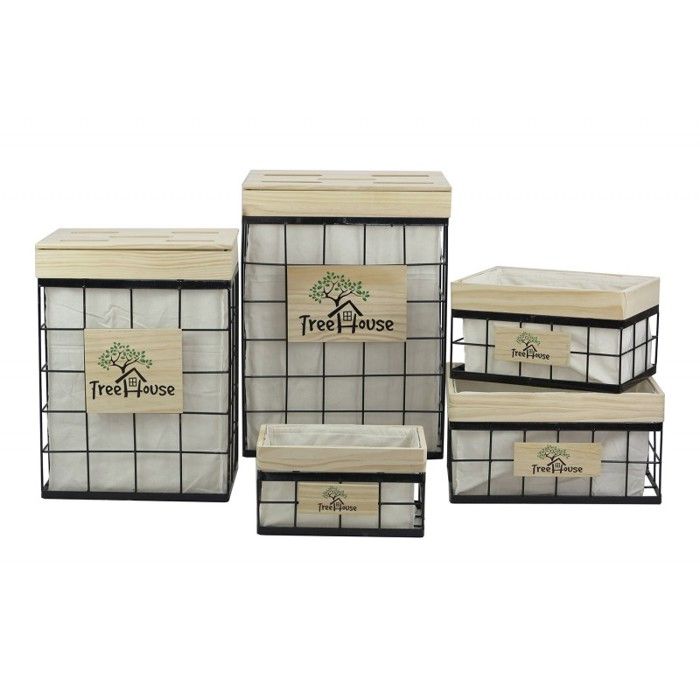 Lot de 5 panières de rangement en métal et bois - BASKET Meubletmoi Lot de 5 panières de rangement en métal et bois - BASKET Meubletmoi