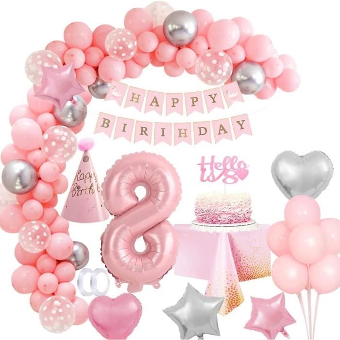 8 Ans Anniversaire Fille 8 Ans Ballon Anniversaire Decoration Rose, Bannière Joyeux Anniversaire