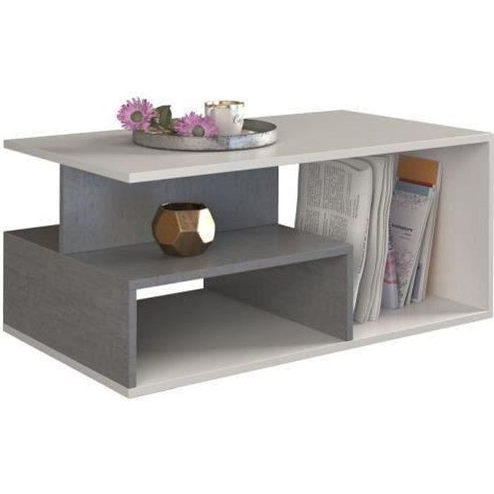 SIENNE - Table basse de salon - 90x51x43 - Table à café -  Avec rangement - Finition blanc mat + Imitation béton