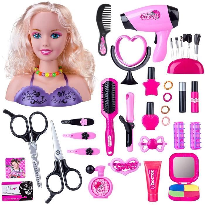 Tête à Coiffer et Maquiller - 35 Pièces Tête de Coiffage avec Accessoires de Coiffure - Jeu Dimitation Cadeau pour Enfant Fille