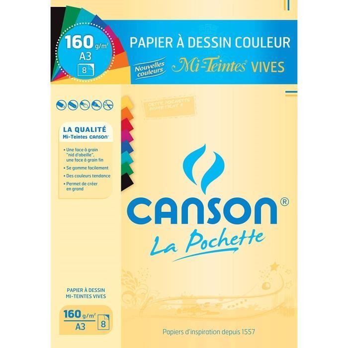 CANSON - Pochette papier dessin Mi-Teinte - A3 - 160g - 8 feuilles - Couleurs vives