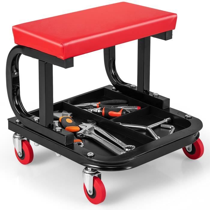 COSTWAY Tabouret dAtelier avec 4 Roulettes Plateau à Outils de Rangement Siège Rembourré Charge 150 KG 38 x 37 x 36 cm