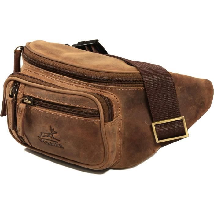 Sac Banane En Cuir - Taille Moyenne, Ceinture Réglable Jusqu'à 106 Cm - Compartiments Zippés - Voyage, Ville