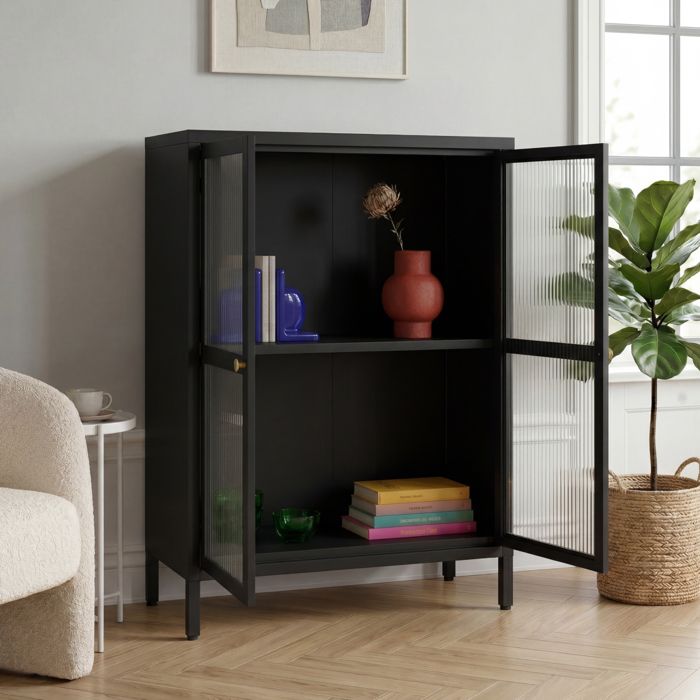 Buffet Säkylä acier verre strié 84 x 64 x 35 cm noir