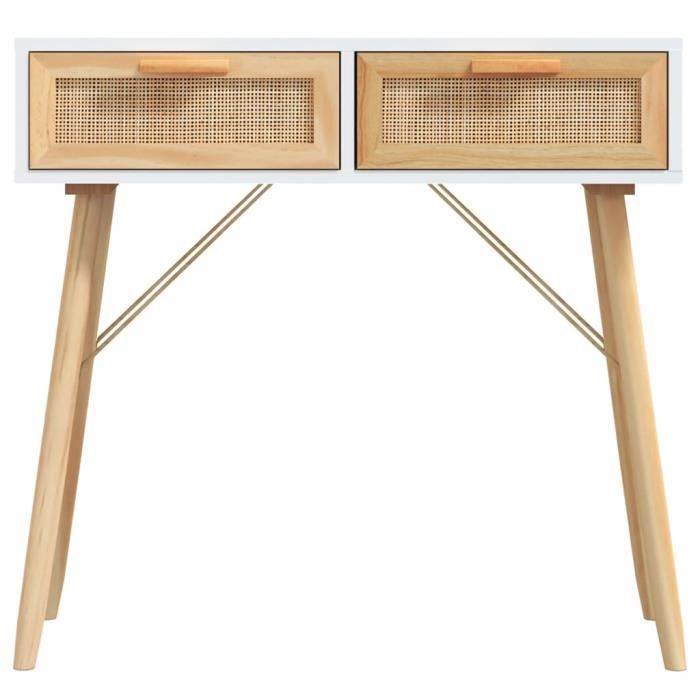 Table console ESTINK - Blanc - Bois massif pin / rotin naturel - 80x30x75 cm