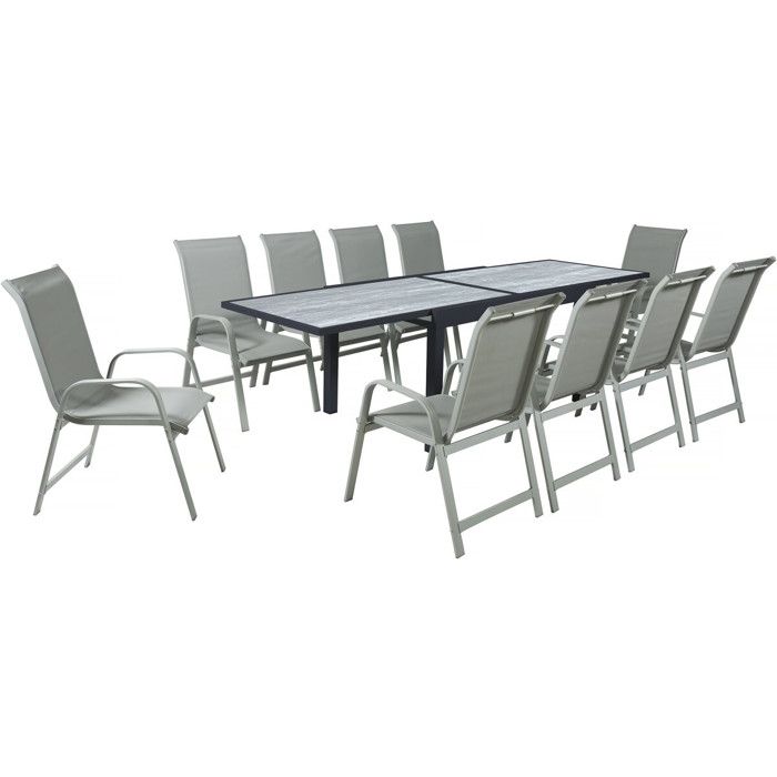 Table extensible et chaises de jardin en aluminium Lagos - 140/280 x 90 x 76 cm - 10 places - Gris clair Table extensible et chaises de jardin en aluminium Lagos - 140/280 x 90 x 76 cm - 10 places - Gris clair