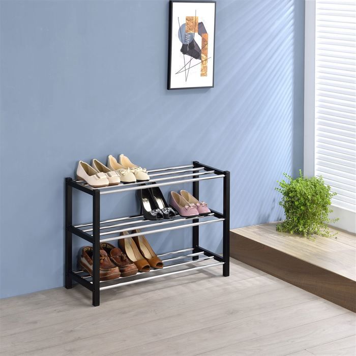 Étagère à chaussures DUBLIN rangement porte-chaussures avec 3 niveaux pour 12 paires en métal chromé et laqué noir