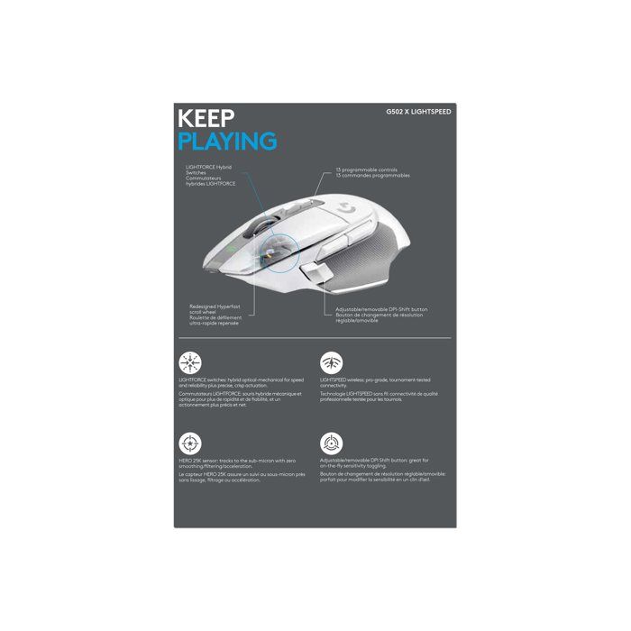 Souris – Logitech – G G502 X LIGHTSPEED – Optique – 8 boutons – Sans fil – Blanc