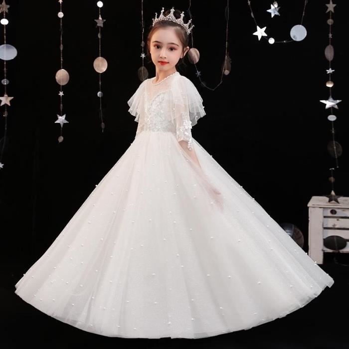 Robe de Ceremonie Fille en Tulle Manches Courtes Robe Longue Princesse de Soiree Couleur Unie 1 12 Ans Blanc Blanc Cdiscount Pret a Porter