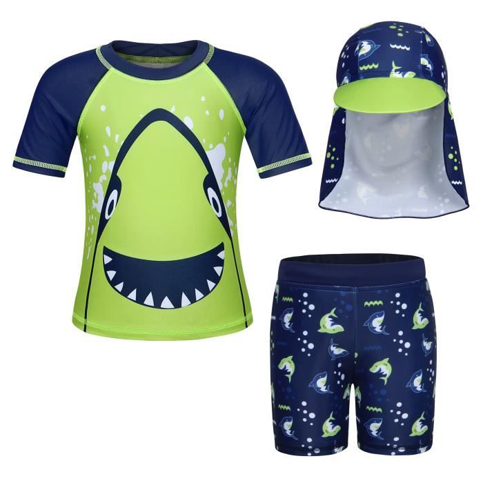 AmzBarley Enfant Garçon Maillot de Bain Deux Pièces + Bonnet de Bain Anti-UV Natation Vêtements Combinaison de Bain Costume