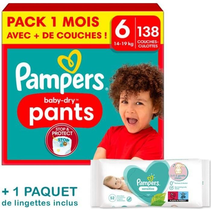 Pampers Couches-Culottes Baby-Dry Taille 6, Pack 1 mois 138 Couches (Inclus  1 paquet de lingettes Pampers Sensitive) - Cdiscount Puériculture & Eveil  bébé