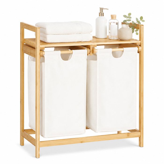 Relaxdays Panier à linge bambou 2 sacs à linge 2 compartiments surface de rangement coffre à linge 60 L nature