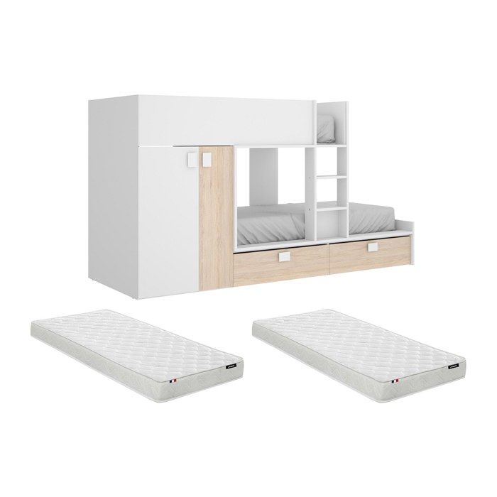 Lits Superposés 2 x 90 x 190 cm - Armoire intégrée - Blanc et naturel + matelas - JUANITO