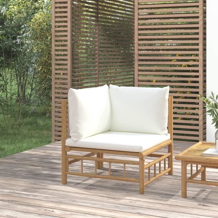 vidaxl canapé d'angle de jardin avec coussins blanc crème bambou 362300