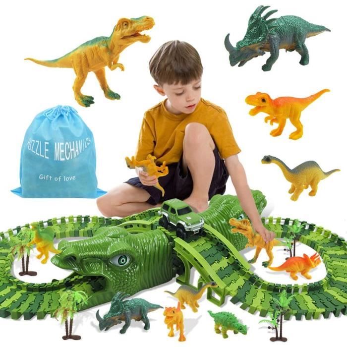 burgkidz Pistes de Course de Dinosaures Jeu de Jouets de Véhicules, 387 Pièces de Voies De Train Dinos Flexibles avec 2 Voitures de Course Et 6 Jouets de Dinosaures pour Enfants