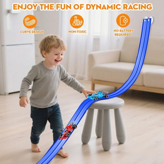 Circuit Souple Voiture Enfant 4 M – Piste Flexible Avec 12 Ventouses, 4 Voitures Incluses – Course Murale Ou Vitre – Jouet Éducatif PVC Durable – Dès 3 Ans
