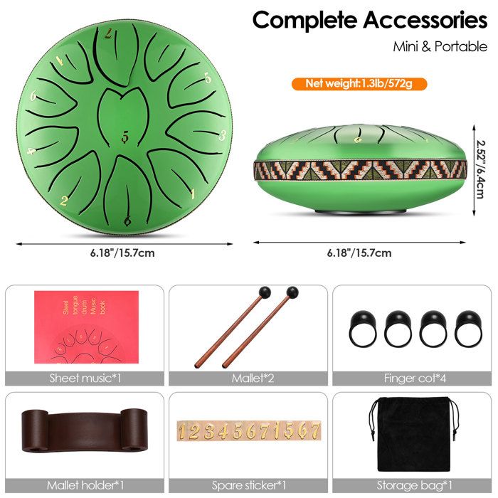 Tambour à Langue En Acier Titane - 6 Tons - Diamètre 9,5 Cm - Hauteur 4 Cm - Inclus Baguettes Et Tuto - Idéal Méditation Et Relaxation - 13