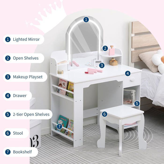 Coiffeuse Rangement Tiroirs Coiffeuse Enfant LALAHO Avec Miroir 3 Volets - 7 Accessoires Maquillage - Tabouret Inclus - Rose Coiffeuse 3 Tiroirs Tabouret