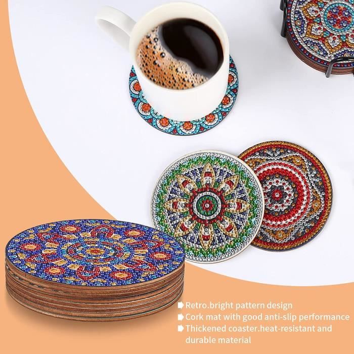 Kit 8 Dessous De Verre Diamond Painting - DIY 5D, Bois 10x10 Cm, Avec Support Métal - Décoration Maison